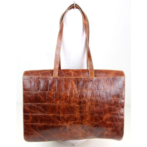 FURLA ITALY TAN BROWN CROCO PRINT GENUINE LEATHER FLAP BUSINES SHOULDER BAG - Picture 5 of 12